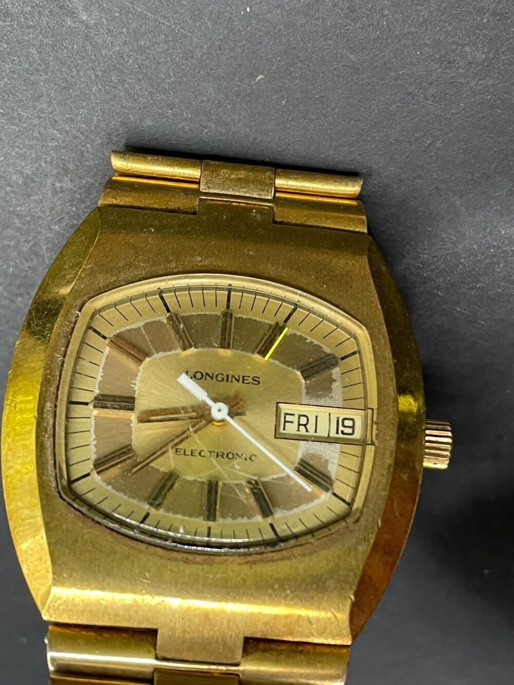 Vintage Longines Electronic Men’s Watch Gold Plate TV Dial Day Date 1.43"